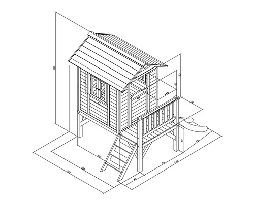 Technische tekening van een speelhuis met glijbaan en trap met afmetingen
