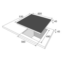 Inbouwafmetingen voor een kookplaat met een breedte van 600 mm en een diepte van 530 mm