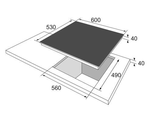 Inbouwafmetingen voor een kookplaat met een breedte van 600 mm en een diepte van 530 mm