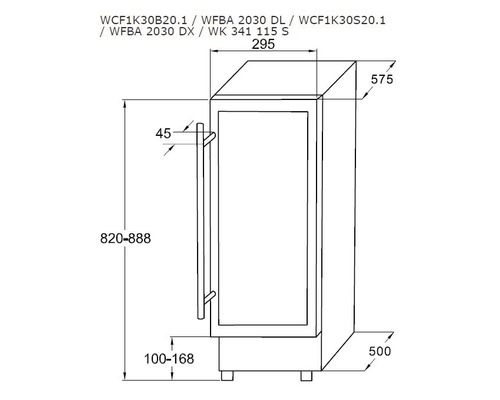 Technische tekening van een wijnkoelkast met maatvoering
