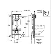 Technische tekening van een Grohe inbouwreservoir met afmetingen