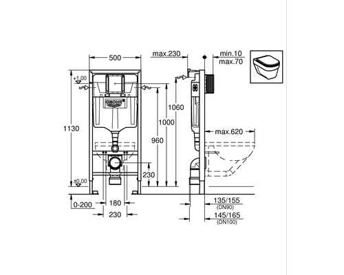 Technische tekening van een Grohe inbouwreservoir met afmetingen