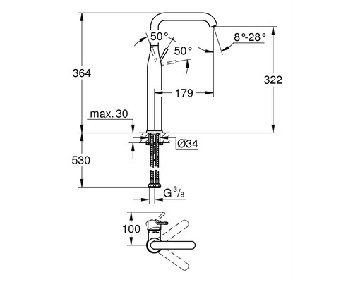 Maattekening van een keukenkraan met hoogte- en hoekafmetingen.