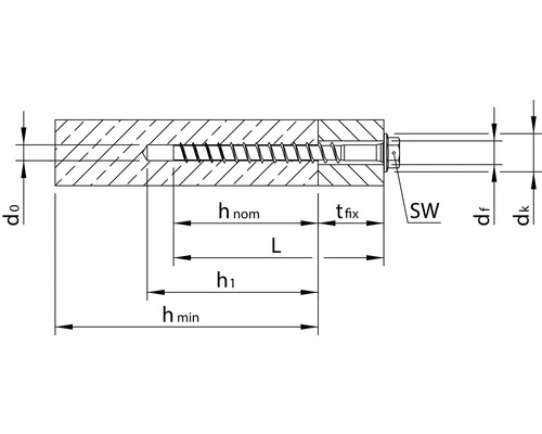 Tekening van een schroefanker met afmetingen