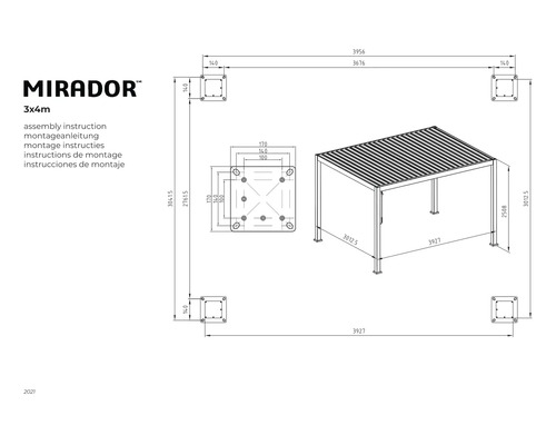 Tekening van een Mirador paviljoen 3x4 meter met maatvoering voor de montage