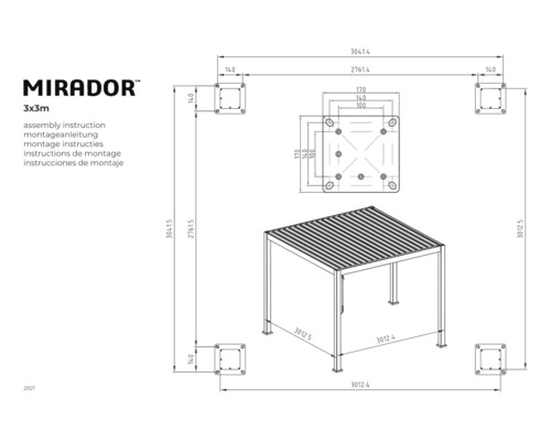 Montagehandleiding voor Mirador Paviljoen 3x3 meter met maataanduidingen
