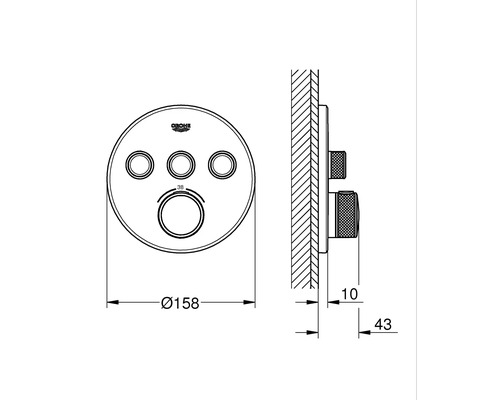 Technische tekening van een Grohe douchearmatuur met afmetingen