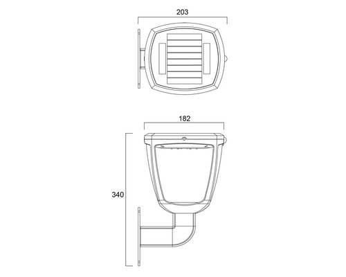 Technische tekening van een buitenlamp met afmetingen