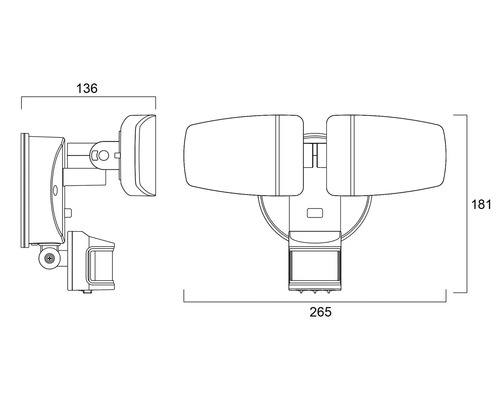 Technische tekening van een buitenlamp met bewegingsmelder en afmetingen