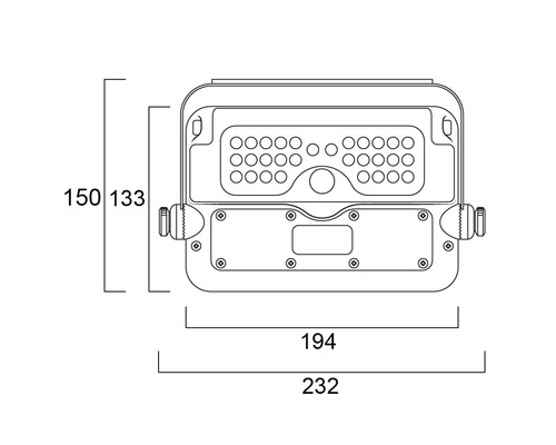 Technische tekening van een projector met maataanduidingen