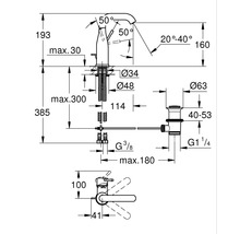 Maatschets van een kraan met diverse detailaanzichten en maatvoeringen.