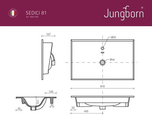 Technische tekening van een Jungborn wastafel met afmetingen