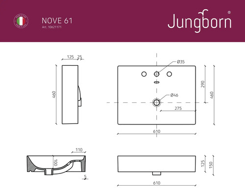 Technische tekening wastafel NOVE 61 van Jungborn met maatvoering
