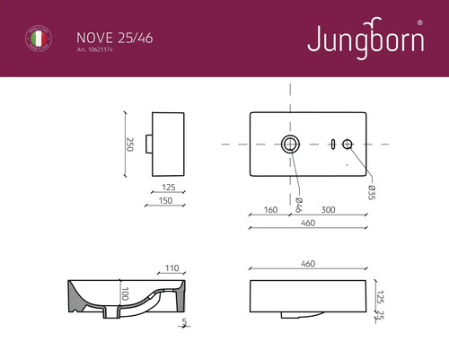 Technische tekening van een Jungborn wastafel met afmetingen
