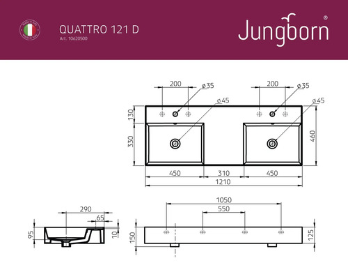 Technische tekening van de Jungborn Quattro 121 D wastafel met maataanduidingen