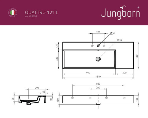 Technische tekening van de Jungborn Quattro 121 L wastafel met maatvoering