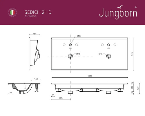 Technische tekening van een Jungborn Sedici 121 D wastafel met afmetingen