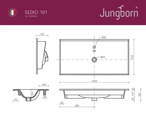 Technische tekening van de Jungborn Sedici 101 wastafel met maatvoering