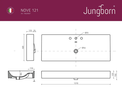 Technische tekening wastafel met afmetingen