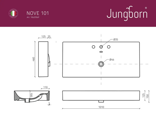 Technische tekening van een Jungborn Nove 101 wastafel met maatvoering