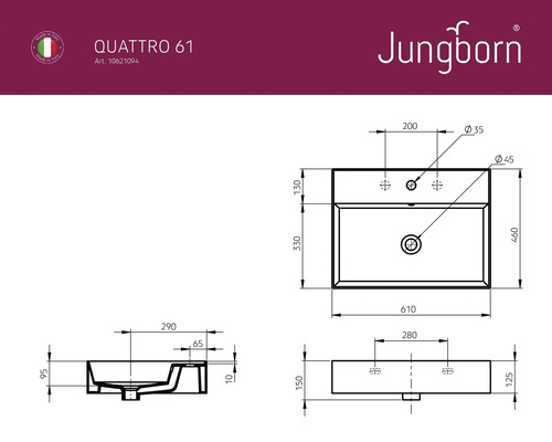 Technische tekening wastafel met maatvoering