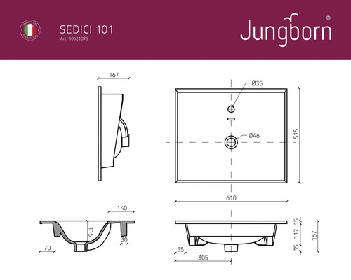 Technische tekening van een Jungborn Sedici 101 wastafel met maatvoering