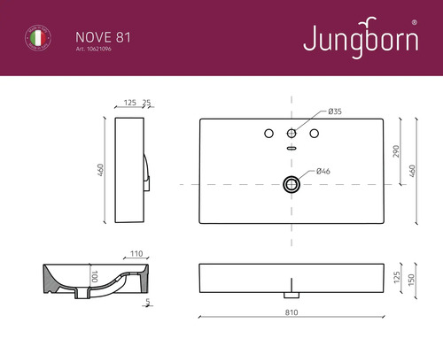 Technische tekening van de Jungborn Nove 81 wastafel met afmetingen