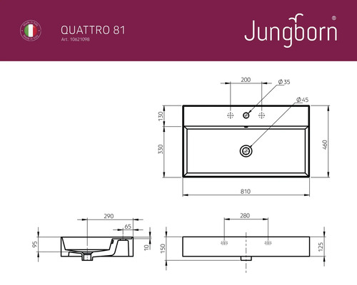 Technische tekening wastafel met maatvoering