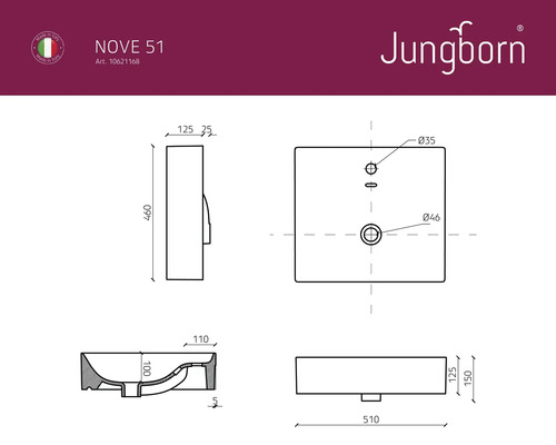 Technische tekening wastafel met afmetingen