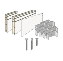 Bevestigingsmateriaal voor gipsplaatelementen, bestaande uit frames, platen, beugels en schroeven