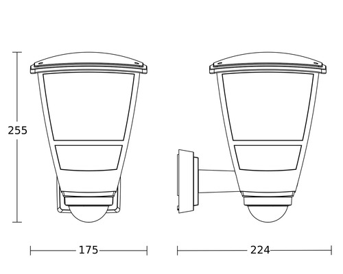 Technische tekening van een wandlamp met afmetingen