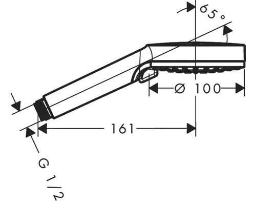 Technische tekening van een handdouche met afmetingen
