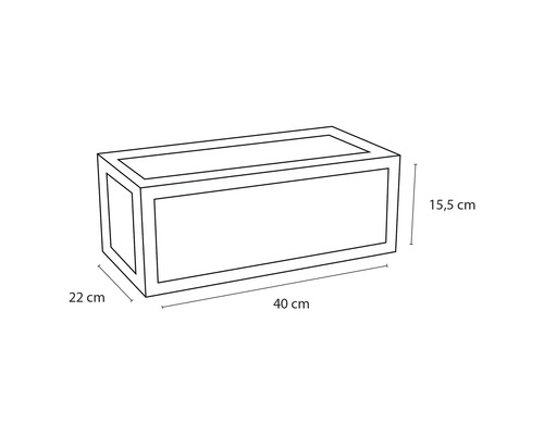 Technische tekening van een plantenbak met de afmetingen 40 cm lang, 22 cm breed en 15,5 cm hoog