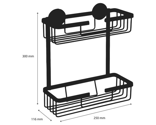 Dubbele douchekorf met zuignappen en afmetingen