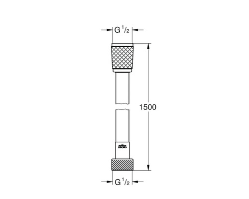 Technische tekening van een doucheslang met een lengte van 1500 millimeter en G 1/2 inch aansluitingen.