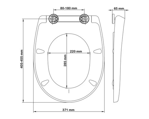 Technische tekening van een toiletbril met afmetingen.