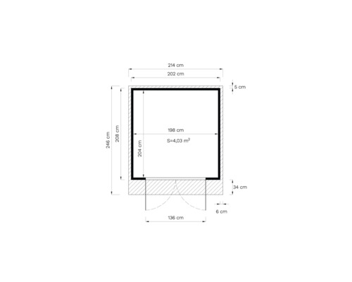 Technische tekening van een tuinhuis met afmetingen