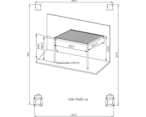 Technische tekening van een terrasoverkapping met maatvoering