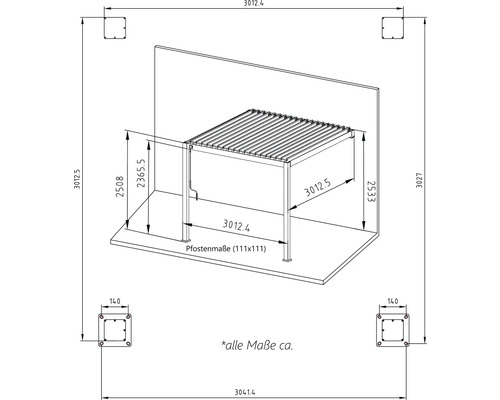 Technische tekening van een pergola met afmetingen