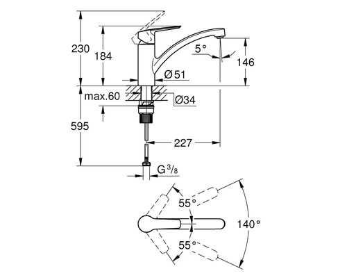 Technische tekening van een keukenkraan met afmetingen