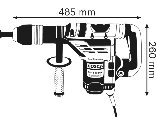 Bosch boorhamer met afmetingen 485 mm en 260 mm
