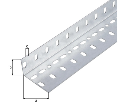 Geperforeerde hoek van metaal met maatvoering a, b en c.
