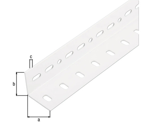 Geperforeerde montagehoek met maataanduidingen a, b en c.