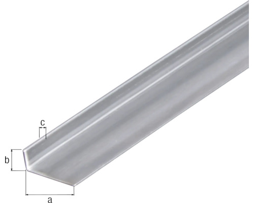 Hoekprofiel van metaal met afmetingen a, b, c.