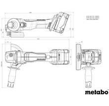 Technische tekening van een Metabo haakse slijper met maatvoering