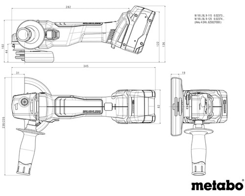 Technische tekening van een Metabo haakse slijper met maatvoering
