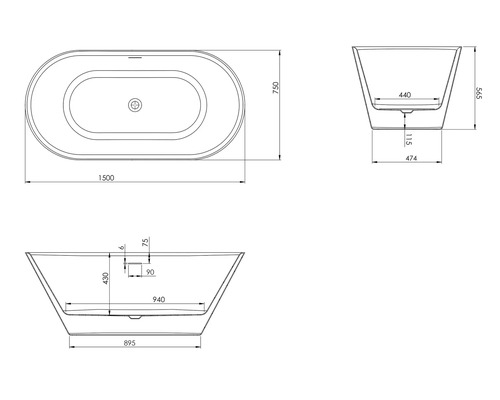 Technische tekening van een badkuip met maatvoering