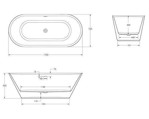 Technische tekening van een badkuip met afmetingen.