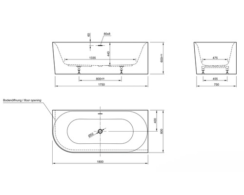 Technische tekening van een badkuip met afmetingen