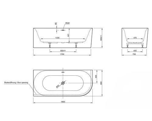 Technische tekening van een badkuip met afmetingen